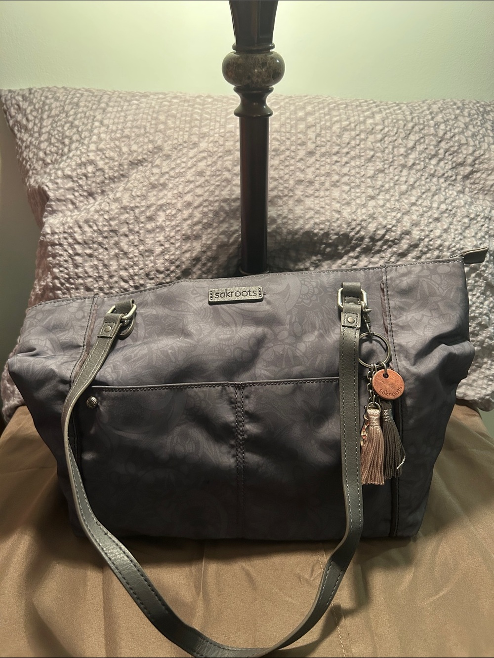 Sakroots Gray Floral-Print Tote with Tassel Charm